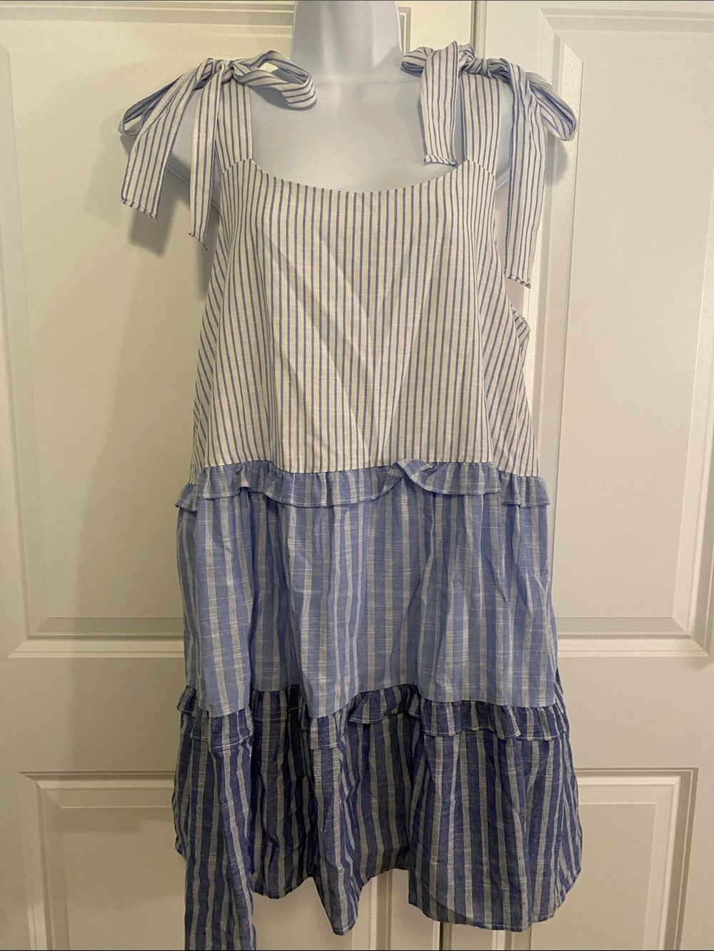 mine Blue and White Striped Tiered Tie-Shoulder Dress